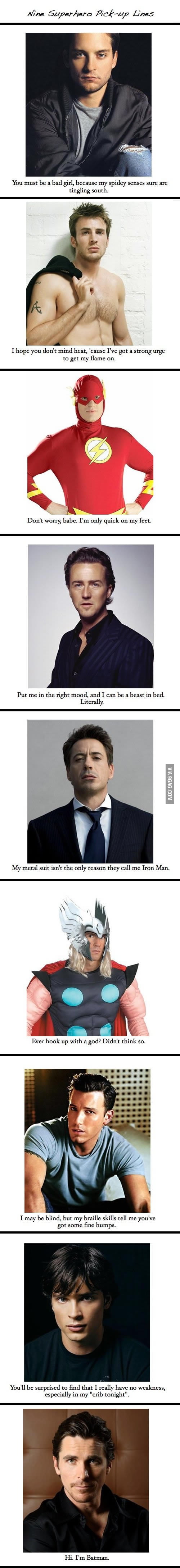 Nine superhero pickup lines.