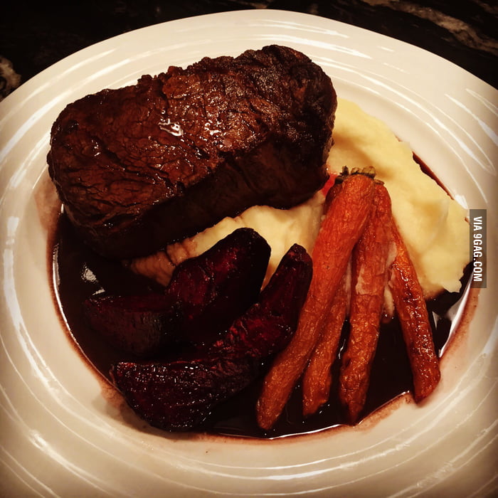 Beef Tenderloin & puréed Parsnip with roasted Beets and Carrots in a
