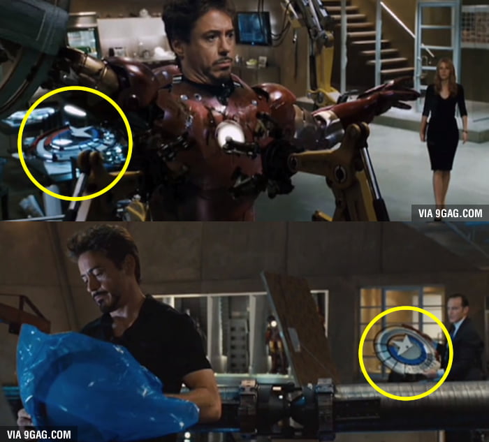 Easter Egg Captain America's Shield in Iron Man movies 9GAG
