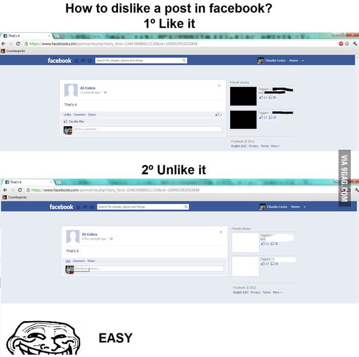 How to dislike a post in Facebook? - 9GAG