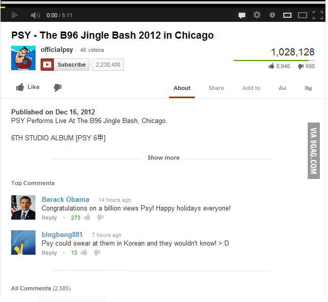 Barack Obama Congrats Psy For 1billion Views 9gag