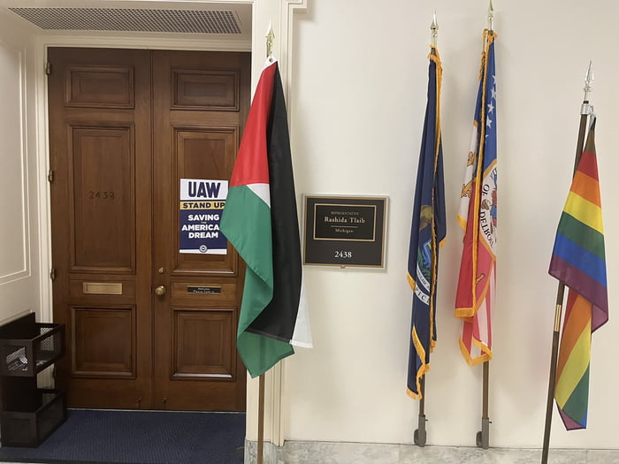 Rep Rashida Tlaib Is Flying A Palestinian Flag And An LGBTQ Pride Flag