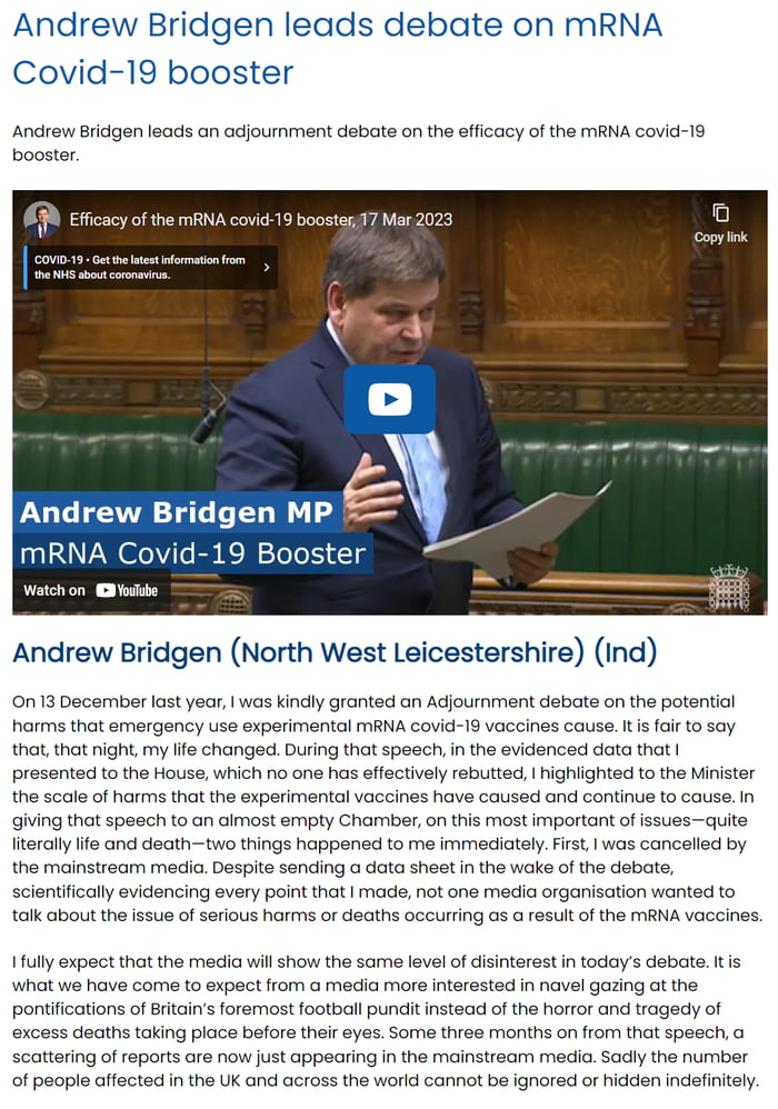 Andrew Bridgen Leads Debate On Mrna Covid Booster Gag