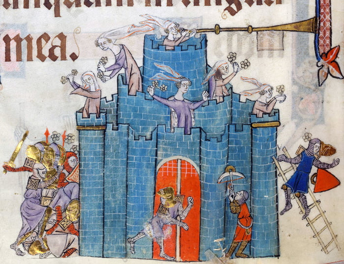 Siege of the Castle of Ladies, by Luttrell Psalter, England ca. 1325 ...