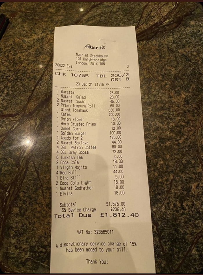 Receipt of Salt Bae’s restaurant in London - 9GAG