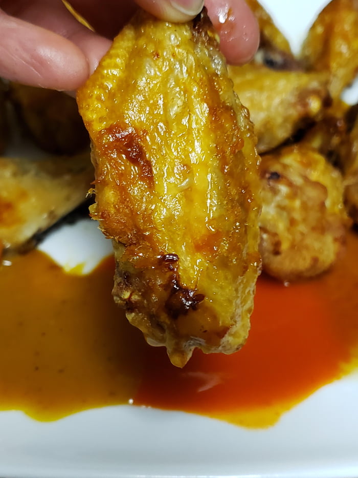 Air crisp wings with Trader Joe's Caroline Gold BBQ and Frank's Red Hot