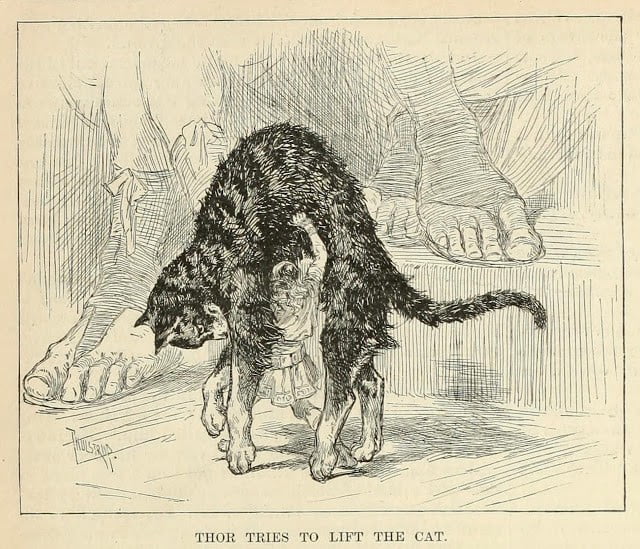 There is a myth where Thor struggles to lift a cat because the cat does