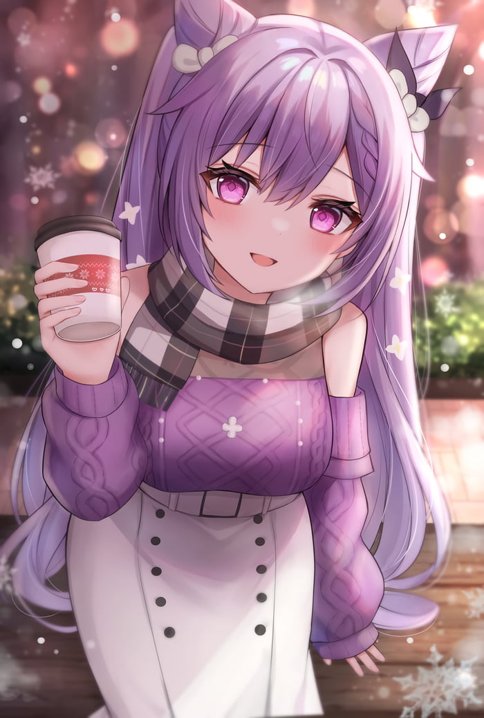 Purple Sweater Keqing with cup (tnkmmstn) - 9GAG