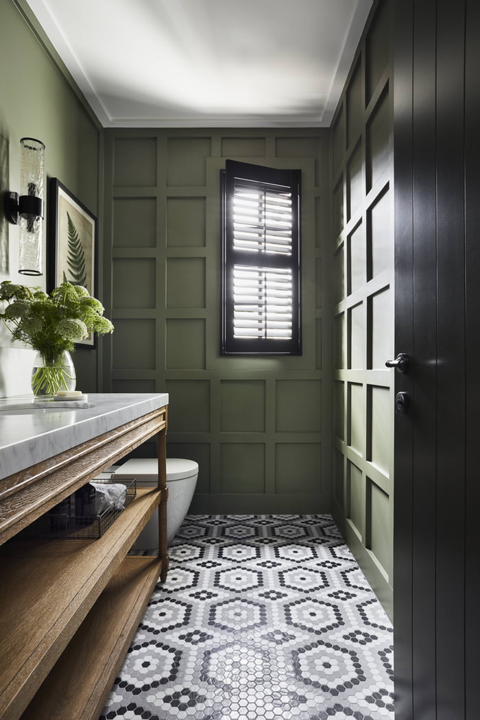 Green paneled bathroom with patterned hexagon tile floor in Mount ...