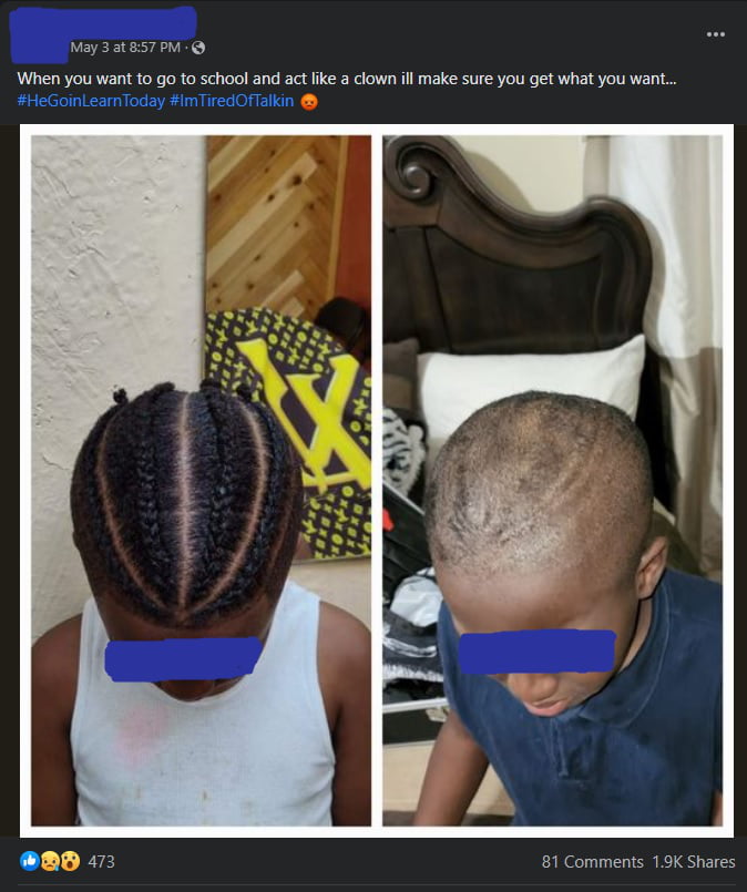 Parent cuts off their kid's hair for misbehaving at school, says