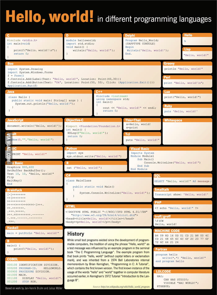 Hello, world! in different programming languages - 9GAG
