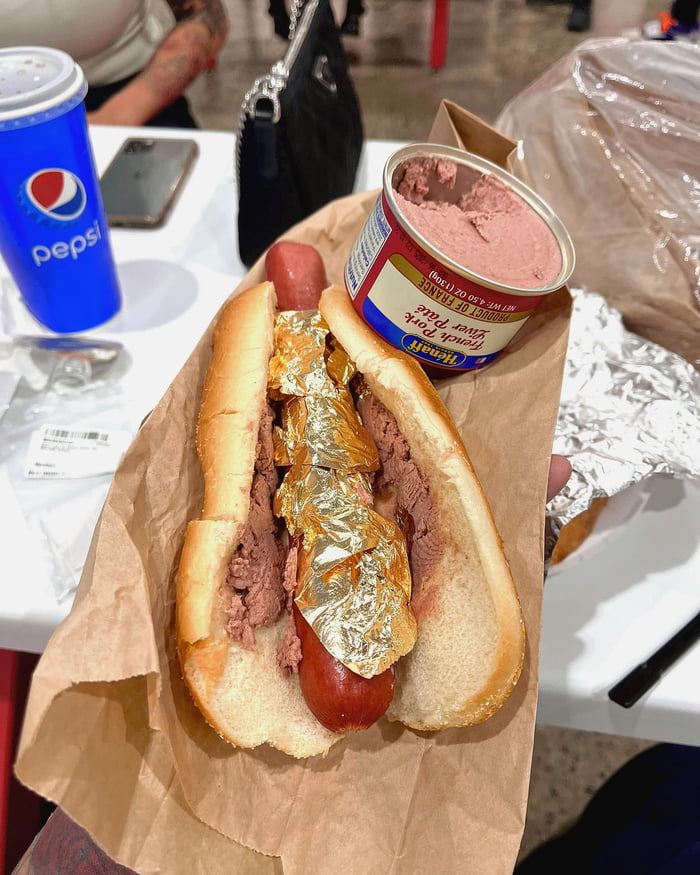 24k edible gold leaf and pork liver pâté on a Costco hot dog 9GAG
