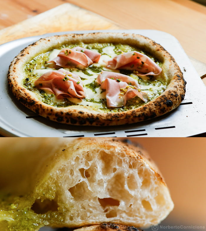 Neapolitan Pizza with pistachio pesto, fior di latte, pecorino romano