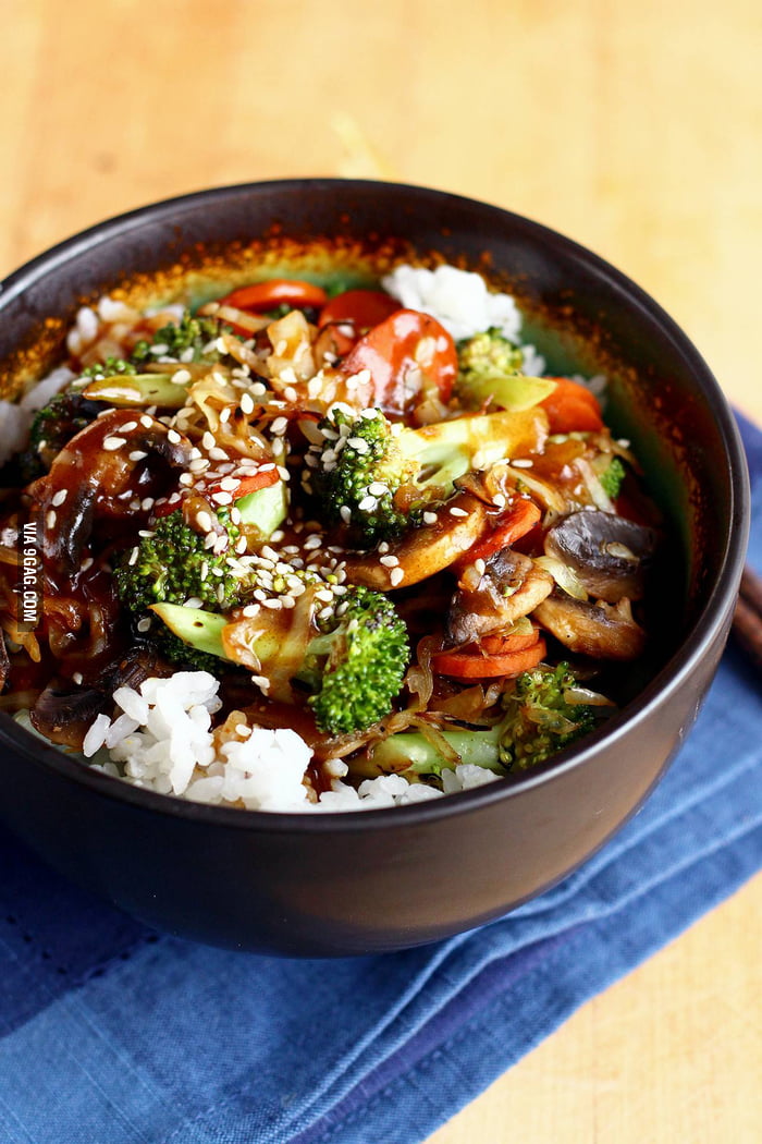Stir-fried broccoli, cabbage, carrot, and mushrooms with teriyaki sauce ...