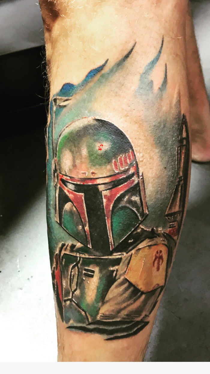 Sketch work style Boba Fett tattoo on the right upper