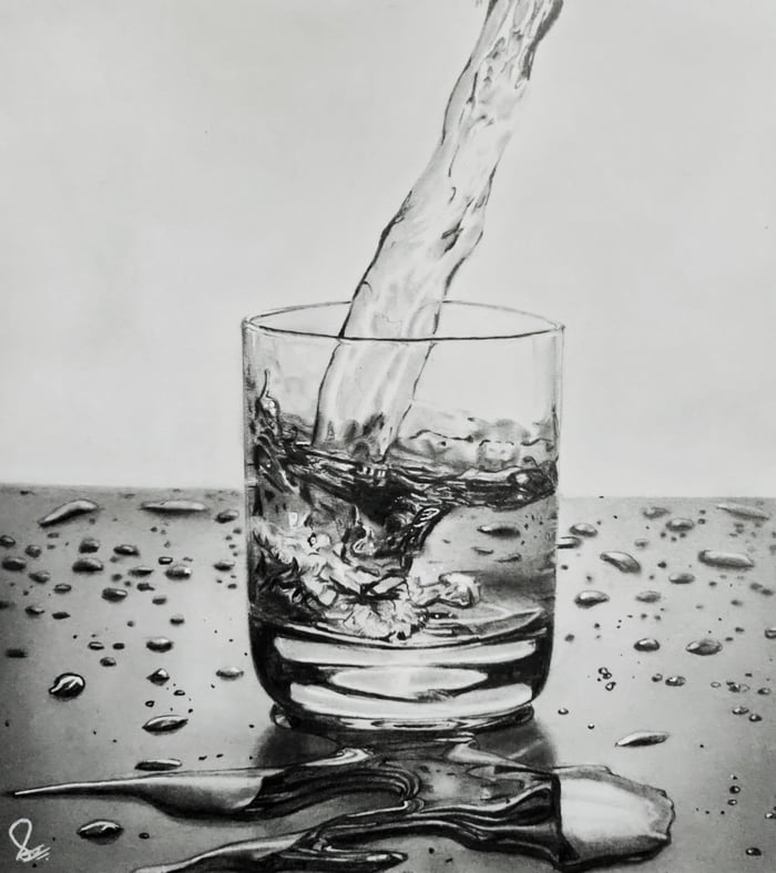 Pencil Drawing Of Glass And Water - 9gag