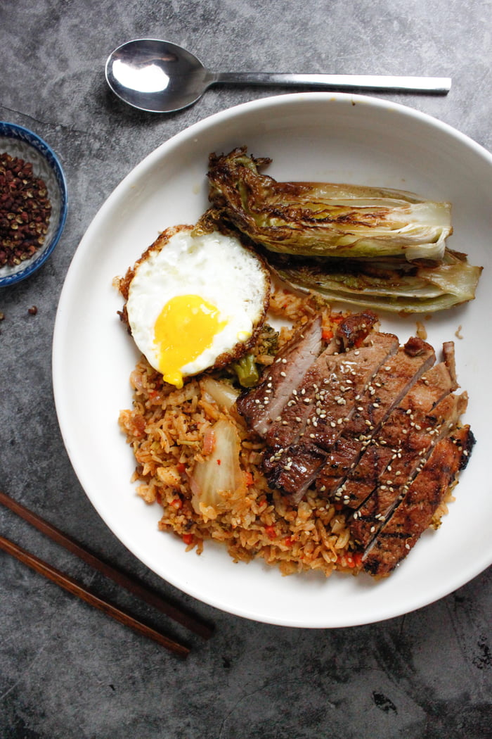 Grilled Pork Chop In Chinese Bbq Sauce Over Kimchi And Veggie Fried Rice Served With Seared And 3024