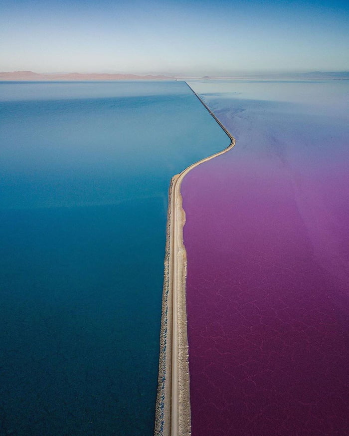 The Great Lake half red and half blue. Half of the lake is blue and the other half reddish-pink due to a type of bacteria that flourishes when the level