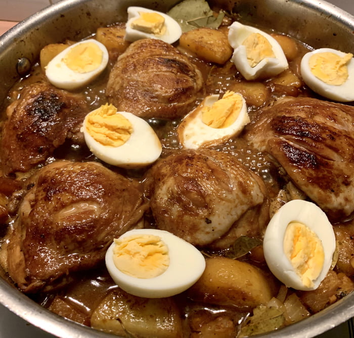 Chicken Adobo with Potatoes, Pineapple, and Egg; a Filipino dish 9GAG