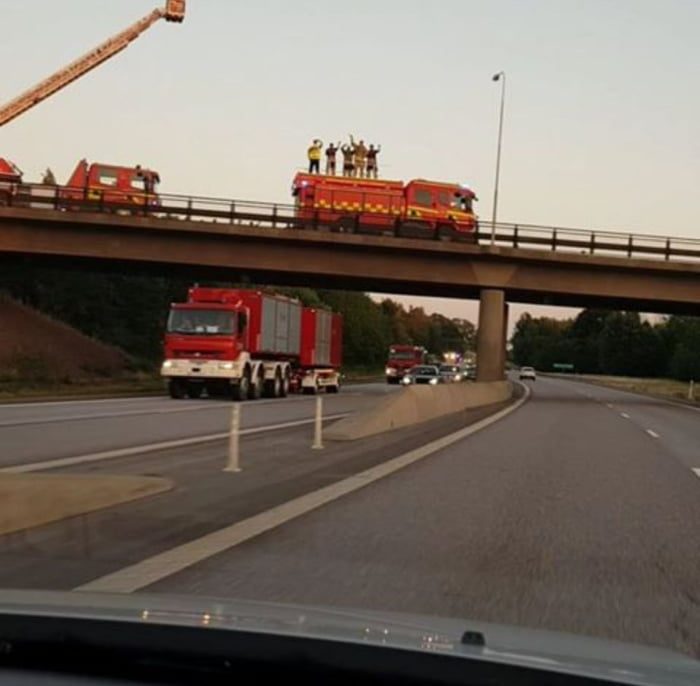 Swedish firefighters greeting Polish firefighter arriving in Sweden to ...