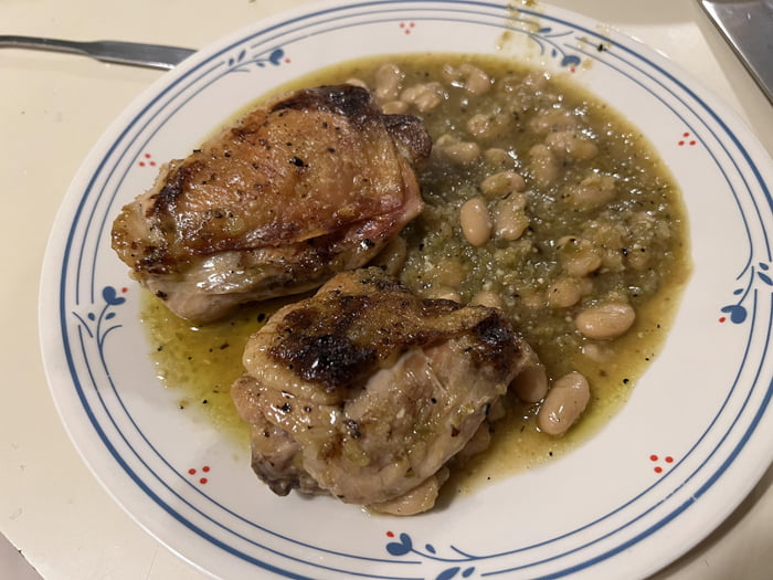 Crispy chicken with white beans and Chile verde using J. Kenji Lopez