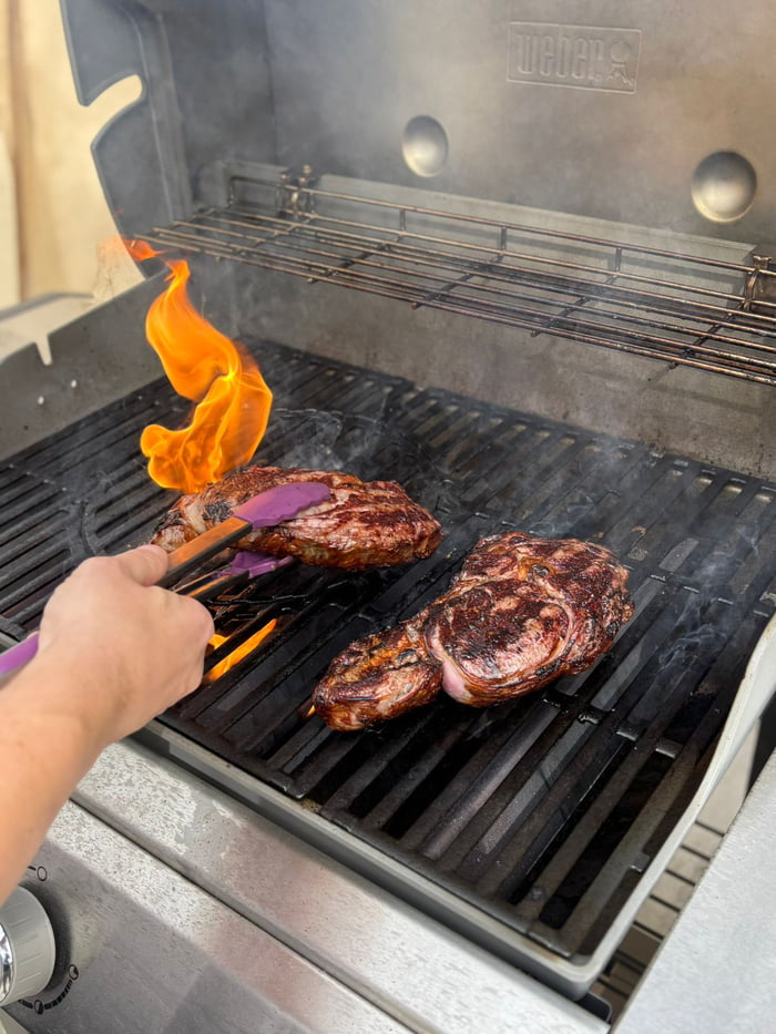 Three fingers thick cut rib eye gives an amazing crust, while also ...