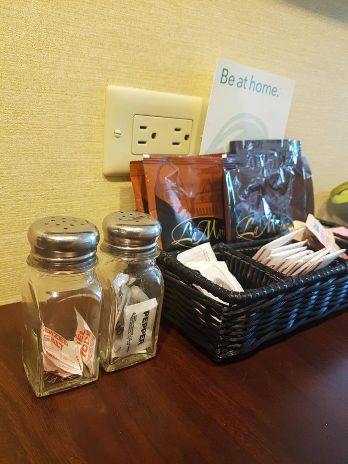 These salt and pepper shakers at the hotel room I'm staying at. 9GAG