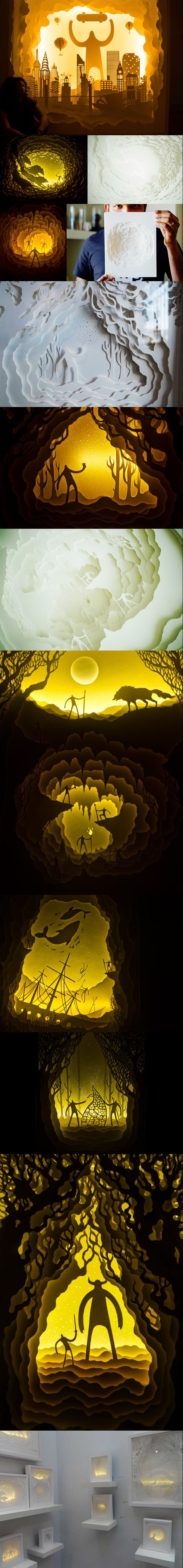 Beautiful illuminated paper cut light box dioramas
