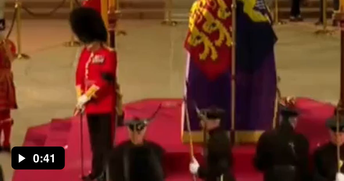 Queens guard seen stumbling, then fainting, while watching over queen's