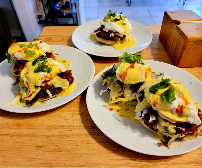 Leftover Birria in a Benedict. Griddled Oaxaca cheese over avocado, venison and beef Birria