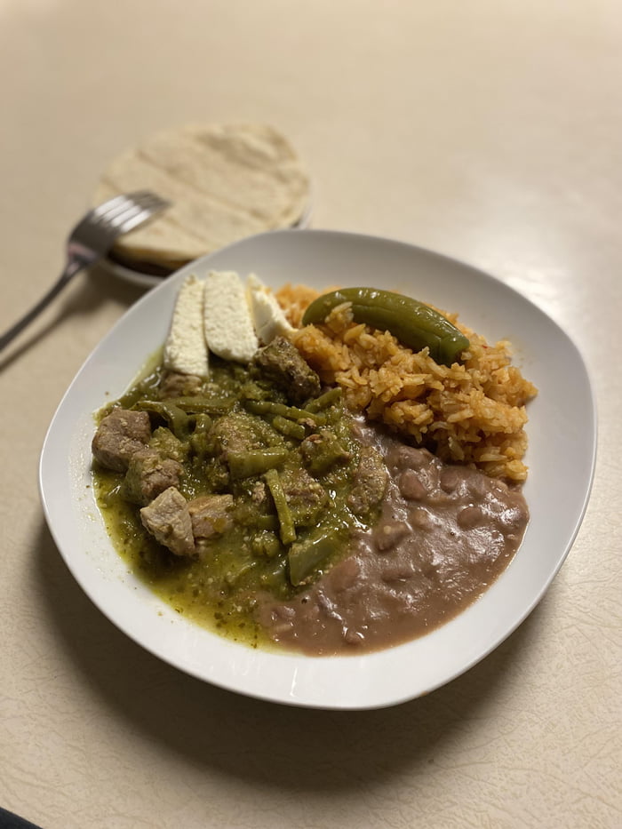 Pork & cactus in chile verde, rice, beans, & queso fresco - 9GAG