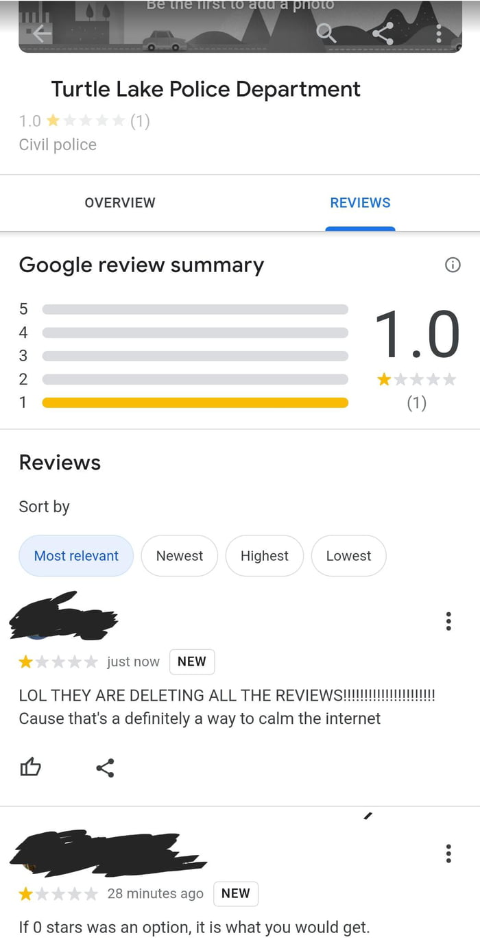 The Turtle Lake Police Department is scrubbing all of the reviews!!! 9GAG
