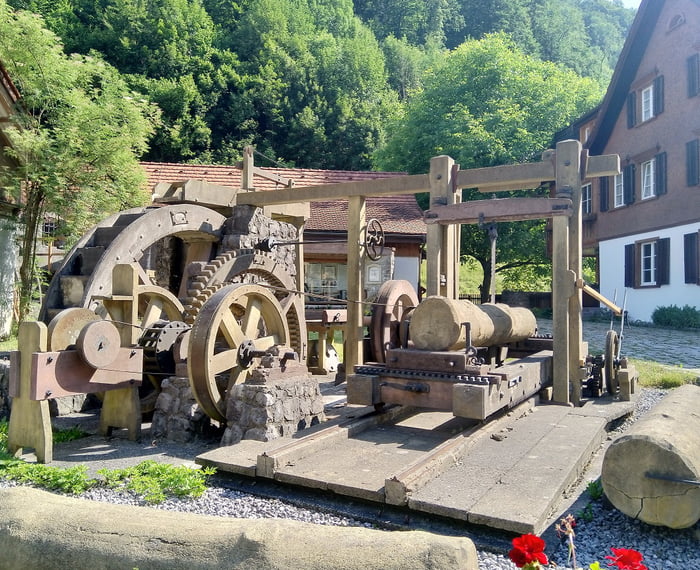 Restored medieval sawmill with water wheel. Seen in Western Australia ...