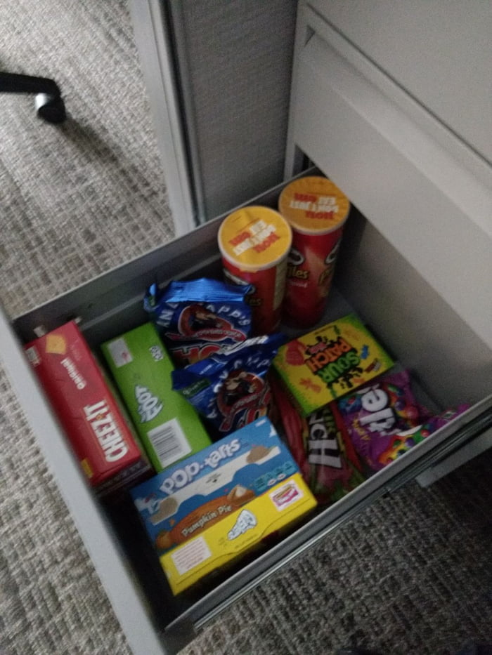 Snack drawer at work my coworkers keep wanting stuff. I told them I'll  be taking donations to keep it stocked up! - 9GAG