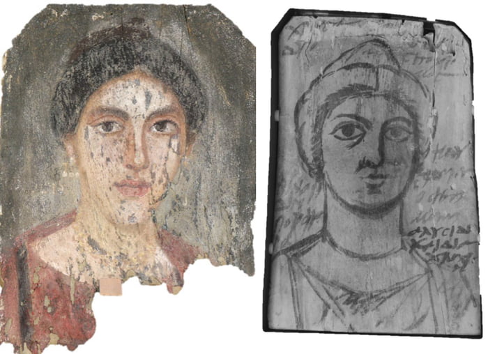 Infrared photo of one of the famous Fayum funerary portraits from greco