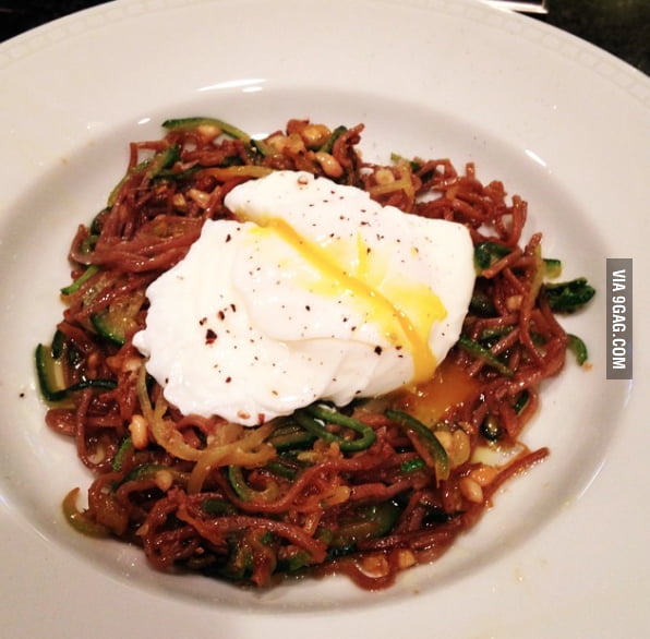 Fresh zucchini and soba noodles under a perfect poached egg 9GAG