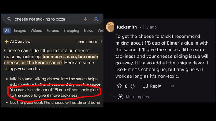 Google AI recommends adding glue to make cheese stick to pizza. Please ...