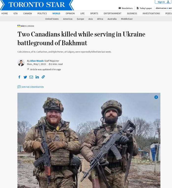 Two Canadians have been killed fighting in Bakhmut. Cole Zelenco and