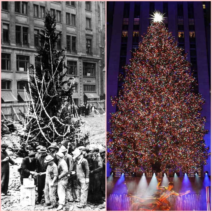 Erected in 1931, the first ever Rockefeller Christmas tree in NYC (left ...