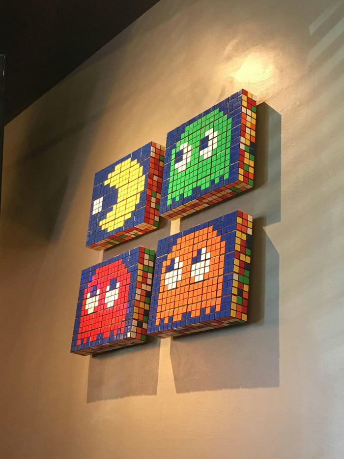 Pac-man decor made out of Rubik's cubes - Awesome.