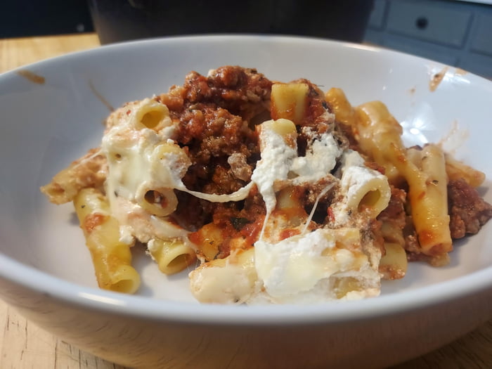 Five cheese baked ziti in the Dutch oven Mozzarella, Provolone