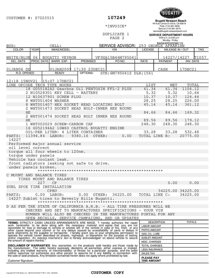 Service Bill For A Set Of Tires On A Bugatti Veyron - 9gag