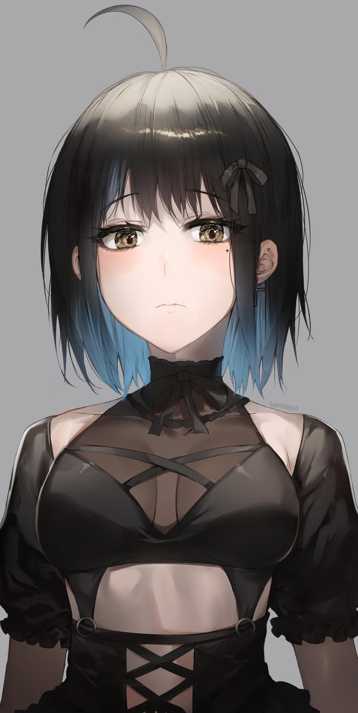 anime girl with black hair and blue highlights