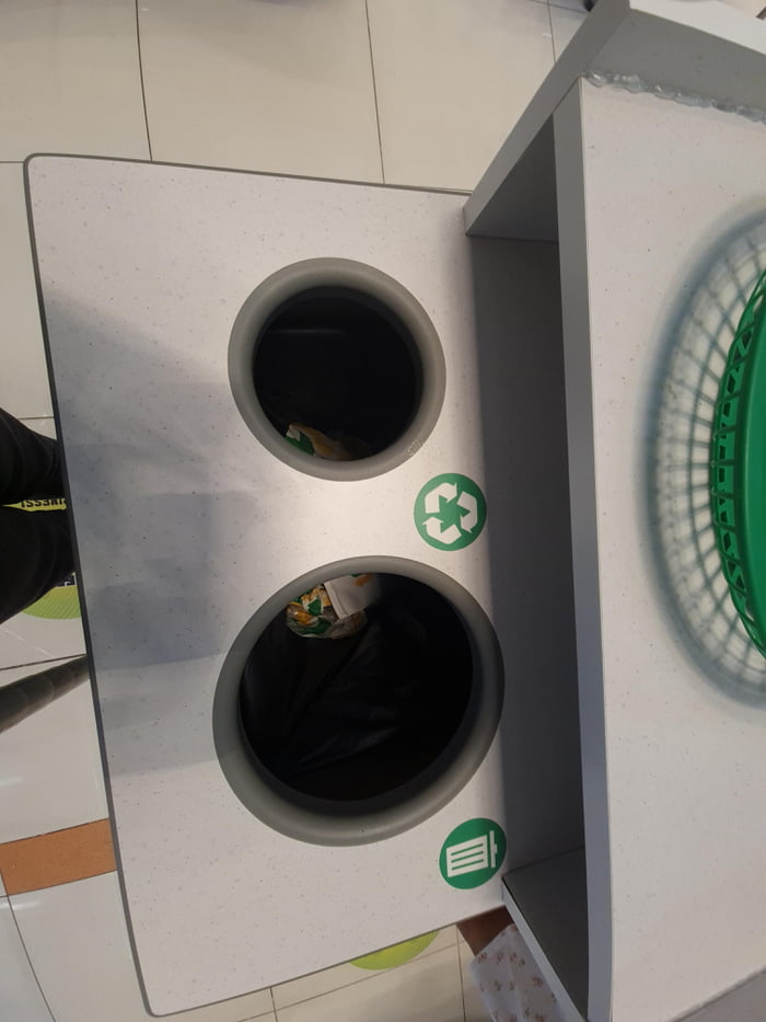 Subway's "recycle" and rubbish lead to the same bin. 9GAG