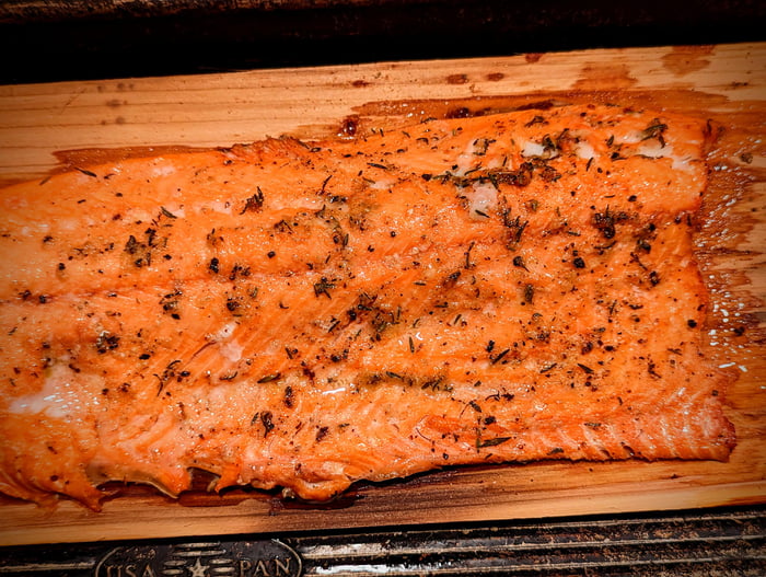 Cedar plank grilled salmon (caught myself on beach at sunset) 9GAG
