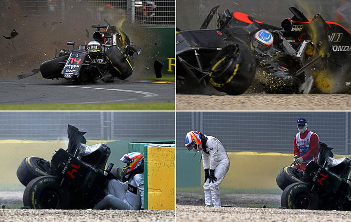F1 driver Fernando surviving a huge crash in 2016 Australian GP. Scary and Insane ! - 9GAG