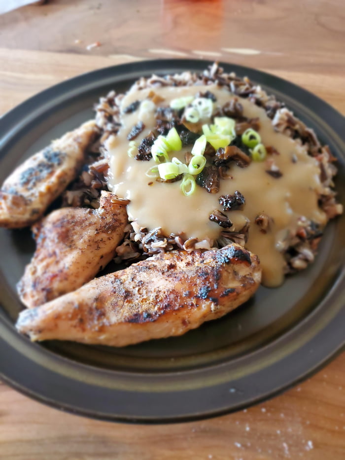 Grilled chicken, wild rice with sauteed morel mushrooms. 9GAG