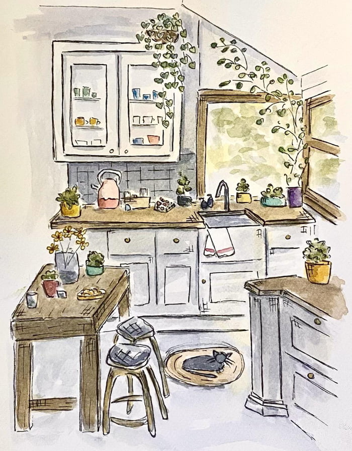 Watercolor and ink painting of a cozy kitchen - 9GAG