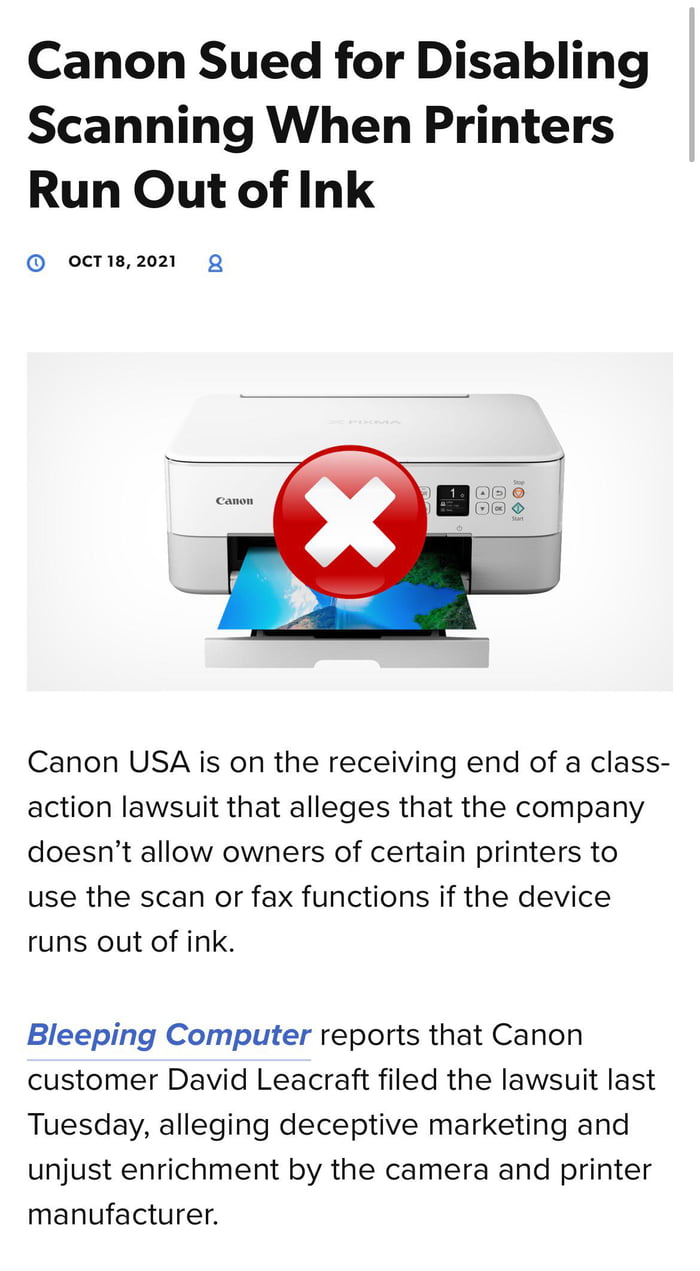Canon Sued for Disabling Scanning When Printers Run Out of Ink 9GAG