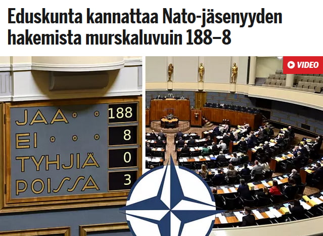 The Finnish Parliament has voted on NATO. 188 Yes, 8 No. - 9GAG